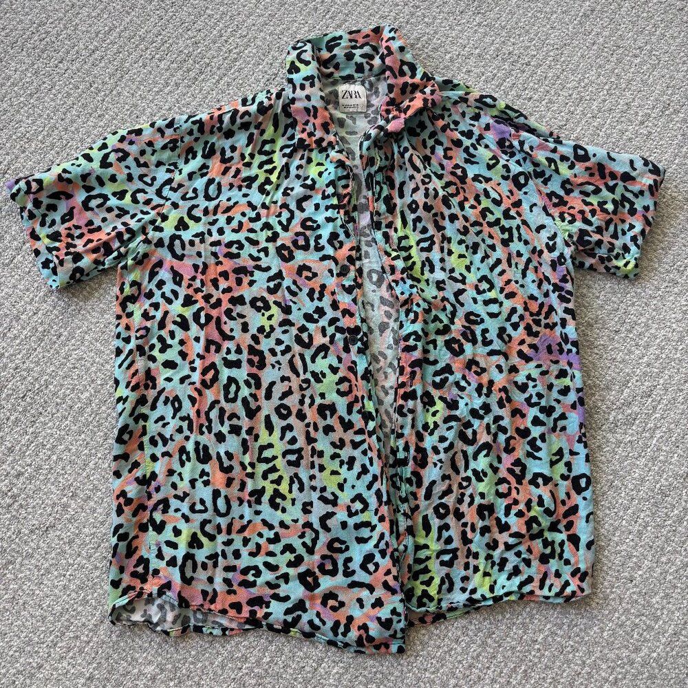 Zara Neon Leopard Print Button Down - Colorful Tie Dye Short Sleeve Shirt